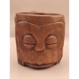 Large vintage 1960s 1970s wooden hand carved mug with monkey  face.  Tiki cup.